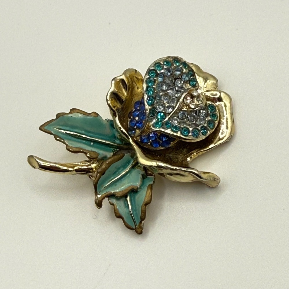 Vintage Gold‎ Tone Rose Brooch Blue Teal Rhinestone Enamel Flower Pin Accessory